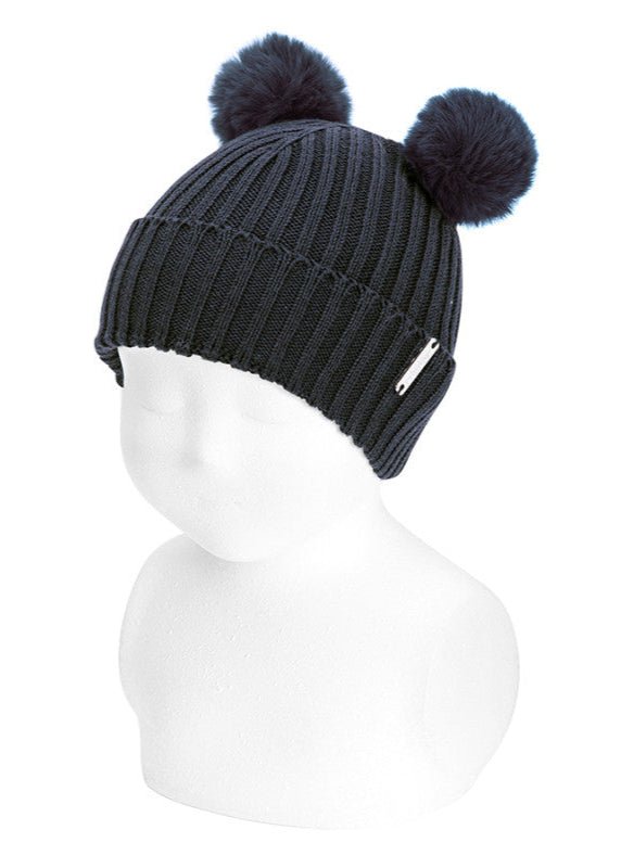 NAVY BLUE Baby Rib Knit Hat with Two Faux Fur Pompoms