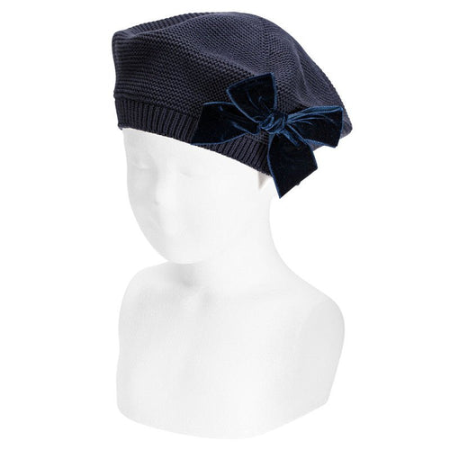 NAVY BLUE Garter Stitch Beret With Velvet Bow