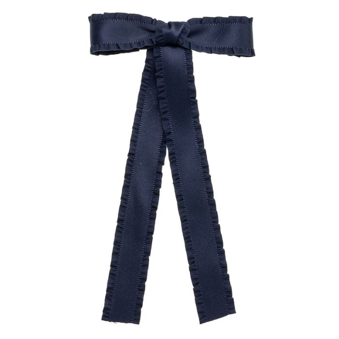 Navy Blue Long Pleated Ribbon Bow with Pin