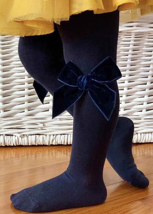 NAVY Cotton Tights with Velvet Bow (A/W)