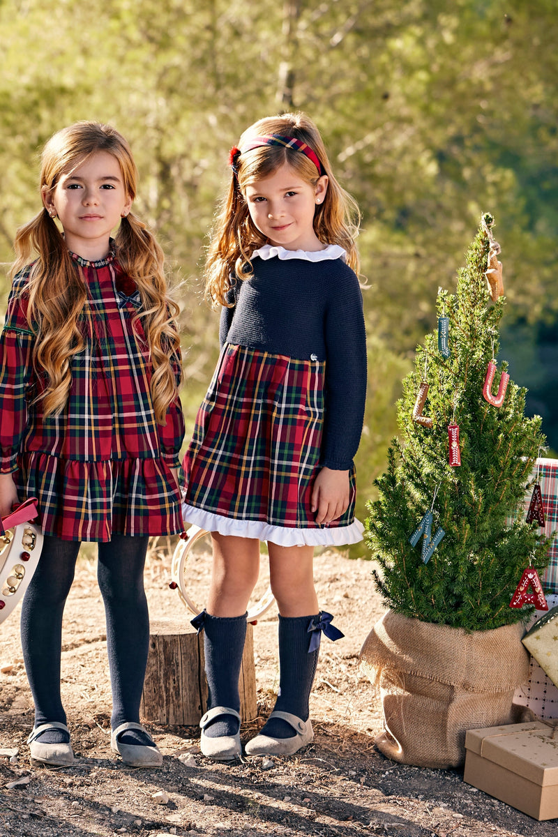 Navy Knit Tartan Dress with White Ruffle Collar (Juliana)