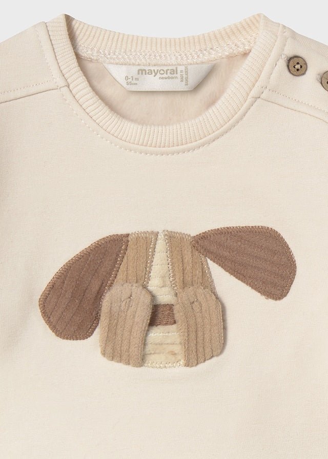 Newborn Boy Beige Dog Appliqué Sweatshirt