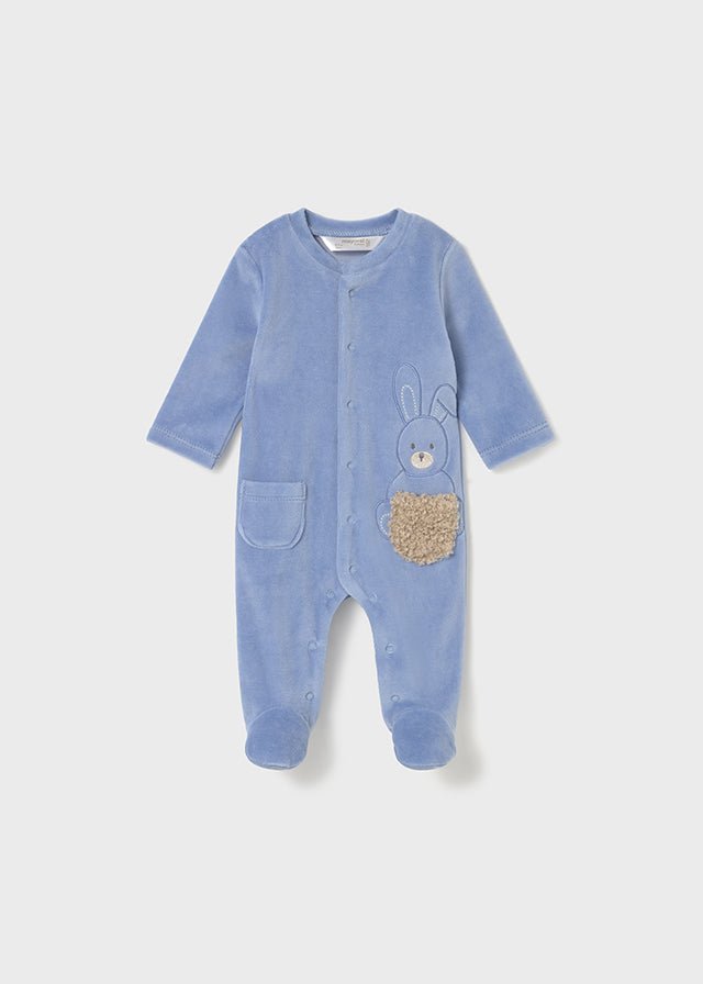 Newborn Boy Blue Velour Bunny Babygrow