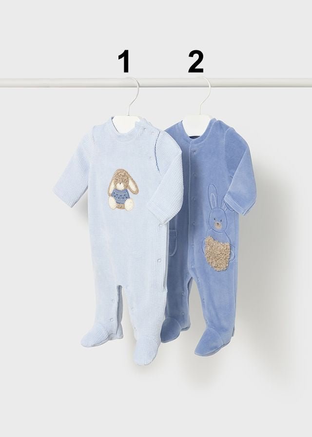 Newborn Boy Blue Velour Bunny Babygrow