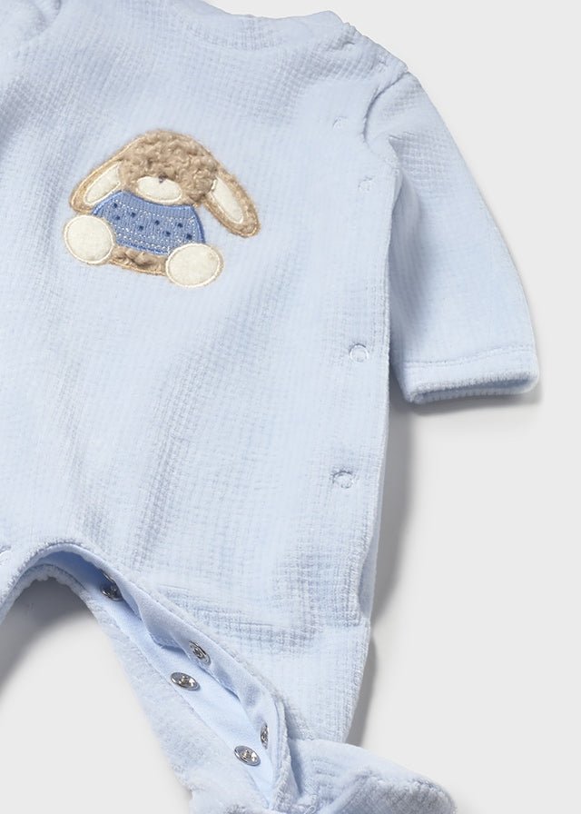Newborn Boy Blue Velour Bunny Babygrow