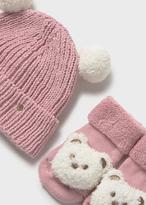 Newborn Girl Bear Face Hat & Socks Set