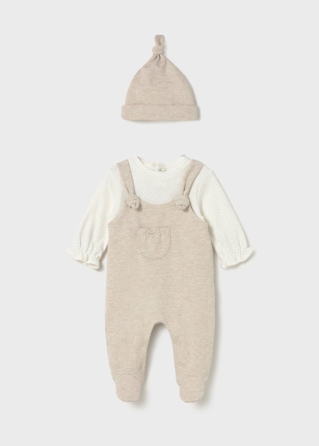 Newborn Girl Beige Dungaree Romper Set
