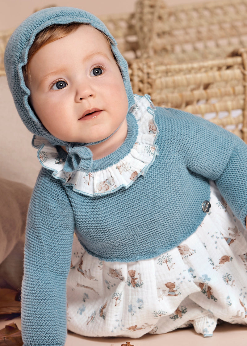 Newborn Girl Blue Knit Dress Set – 3 Piece