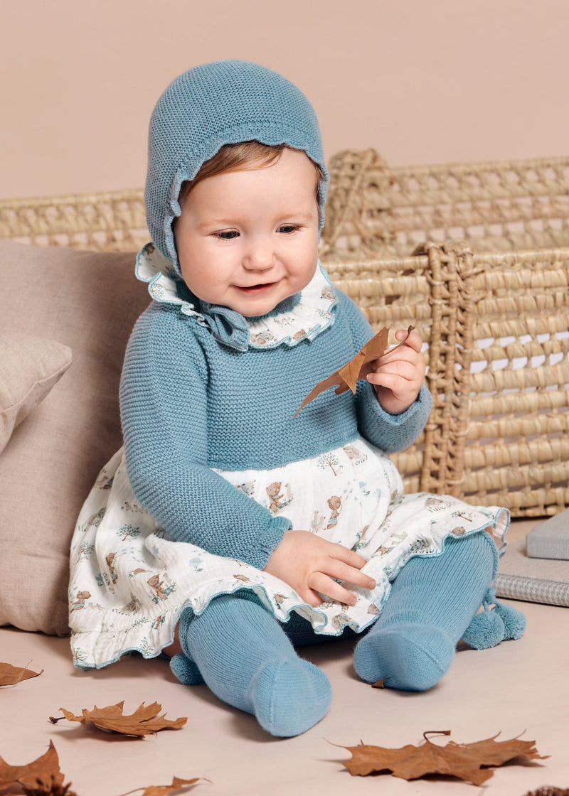 Newborn Girl Blue Knit Dress Set – 3 Piece
