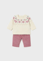 Newborn Girl Cream Jumper & Mauve Cord Trousers Set