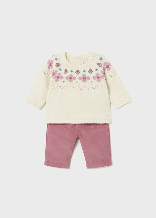 Newborn Girl Cream Jumper & Mauve Cord Trousers Set