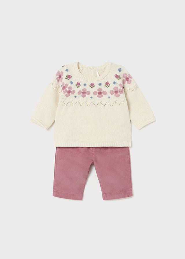 Newborn Girl Cream Jumper & Mauve Cord Trousers Set