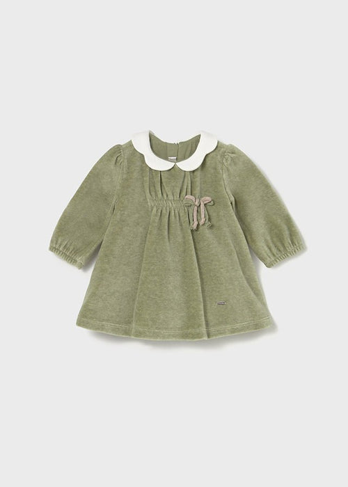 Newborn Girl Green Velour Dress with Bow Detail