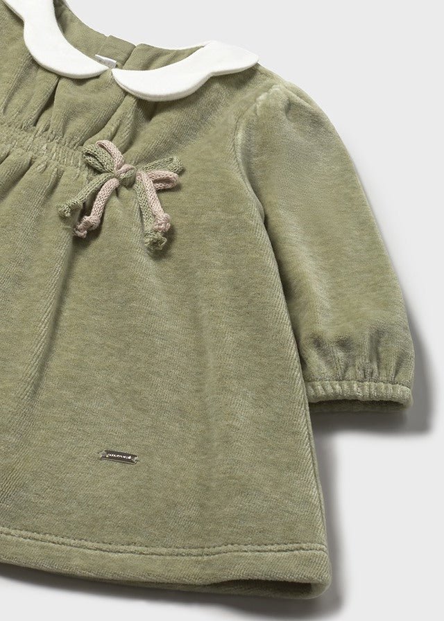 Newborn Girl Green Velour Dress with Bow Detail