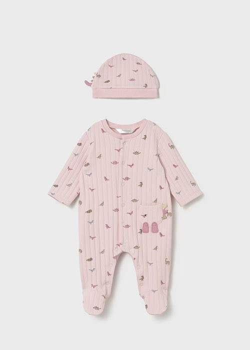 Newborn Girl Pink Dinosaur Sleepsuit with Hat