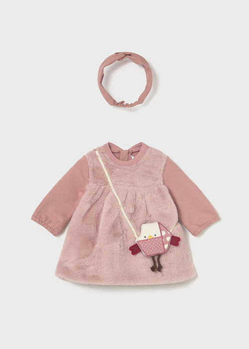 Newborn Girl Pink Faux Fur Dress & Headband Set