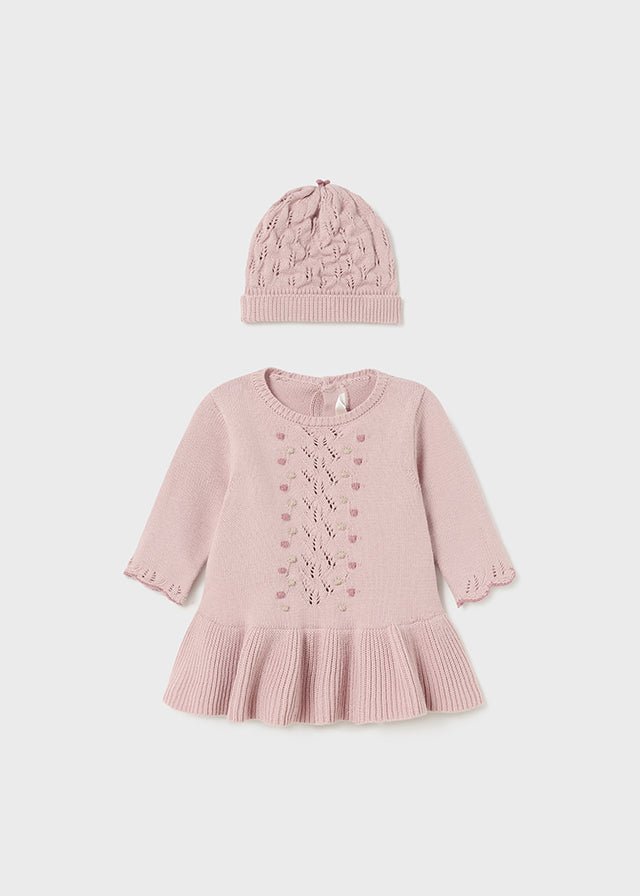 Newborn Girl Pink Knit Dress & Matching Hat Set