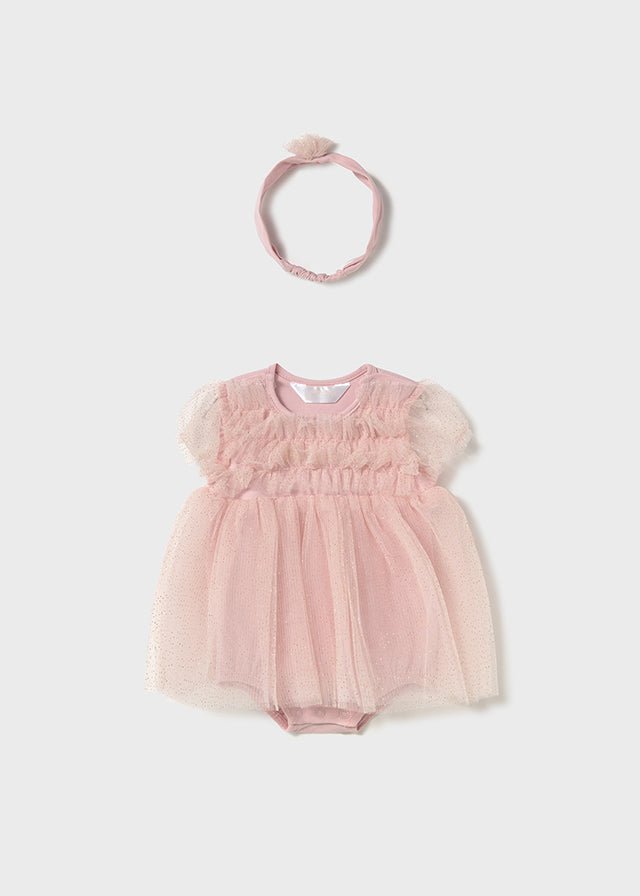 Newborn Girl Pink Tulle Bodysuit With Headband