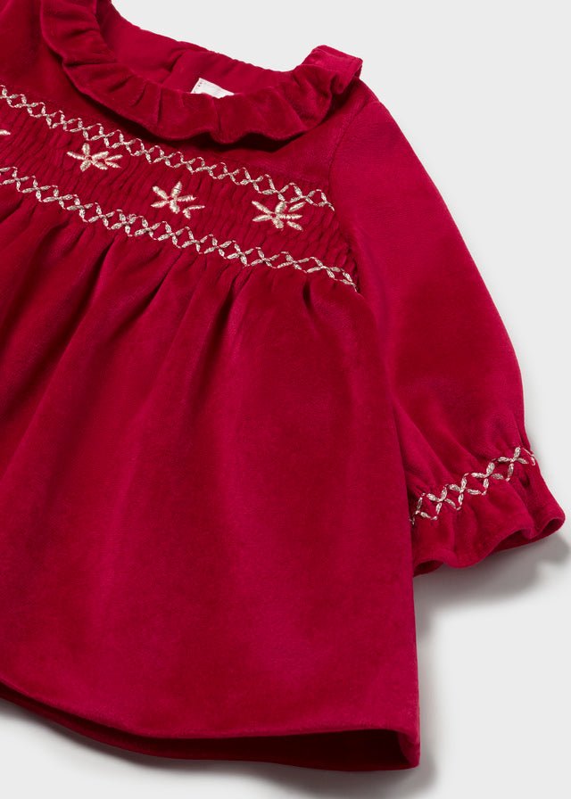 Newborn Girl Red Embroidered Velvet Dress –