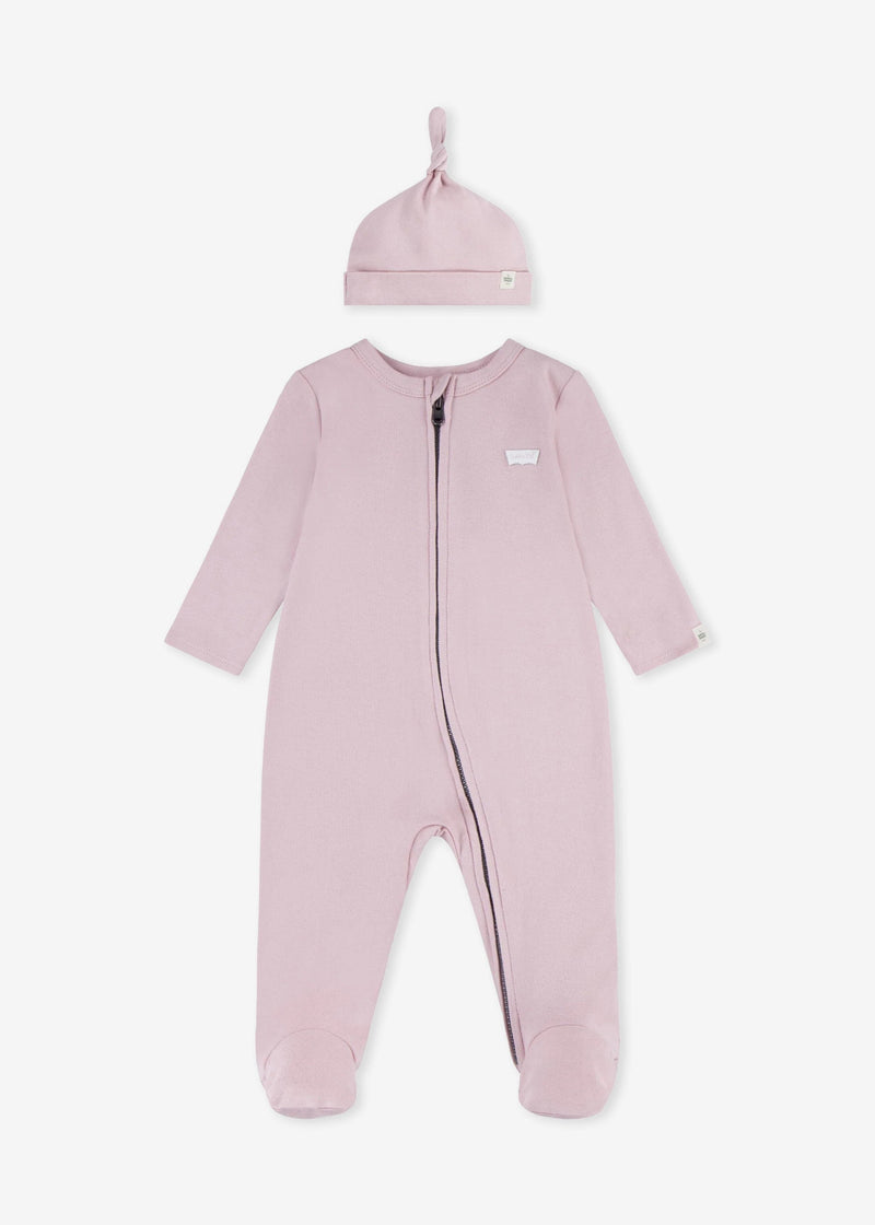 Newborn Girls Pink Zip - Up Coverall & Hat Set