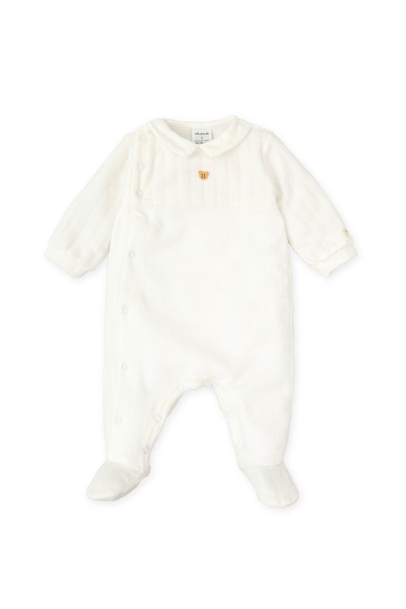 Off - White Baby Boy Velour Bodysuit with Bear Detail (Tutto Piccolo)