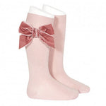 PALE PINK Cotton Knee Socks with Pink Velvet Bow