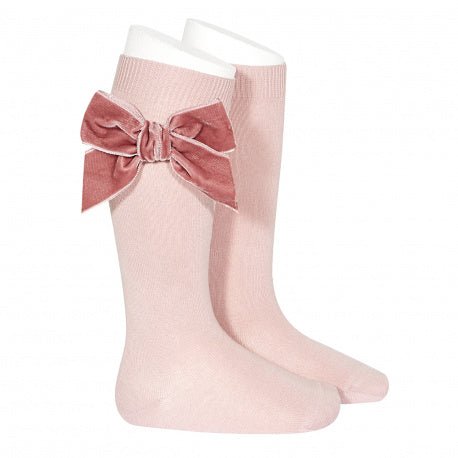 PALE PINK Cotton Knee Socks with Pink Velvet Bow