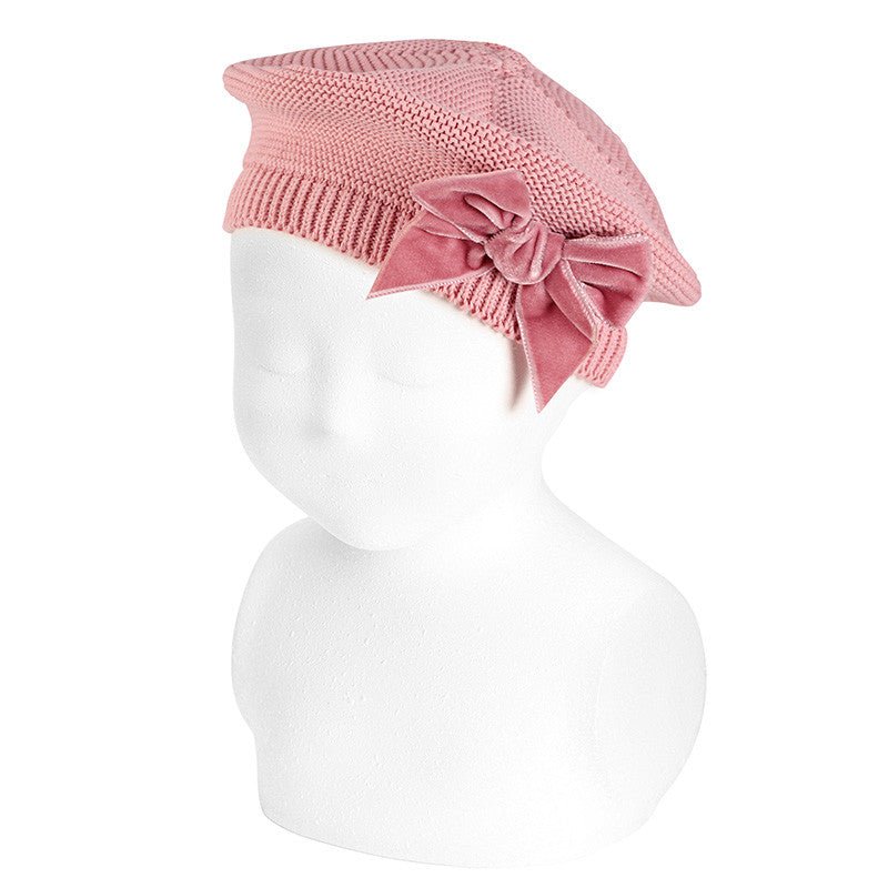 PALE PINK Garter Stitch Beret With Velvet Bow