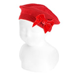 RED Garter Stitch Beret With Velvet Bow (Condor)