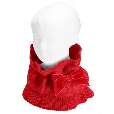 RED Garter Stitch Snood Scarf With Big Velvet Bow (Condor)