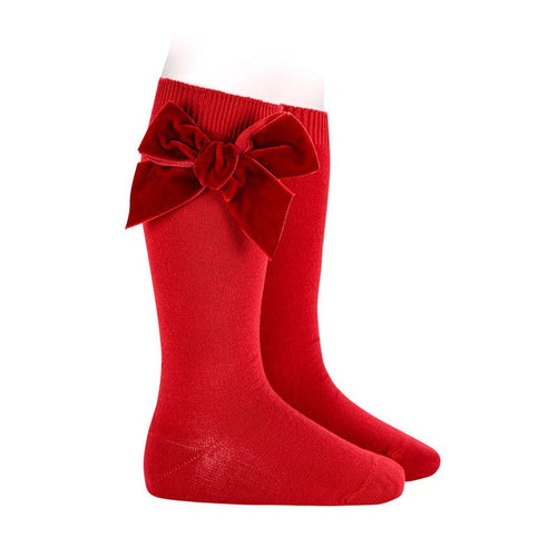 RED VELVET Cotton Knee Socks with Red Velvet Bow