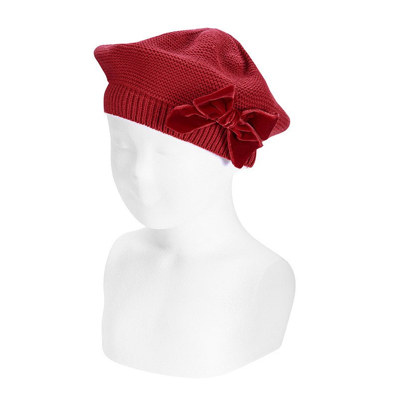 RED VELVET Garter Stitch Beret With Velvet Bow