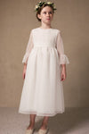 IVORY Communion Flower Girl Dress With Embroidered Dots Lace Sleeves (TARA)