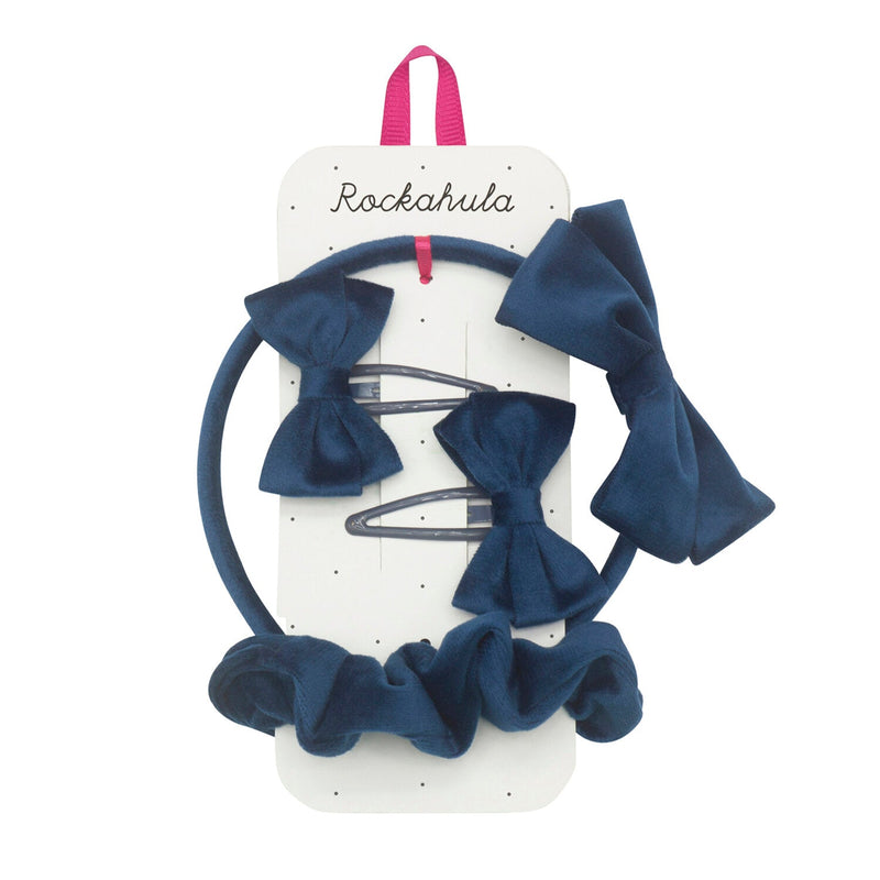 Velvet Bow School Hair Set Blue (Rockahula)