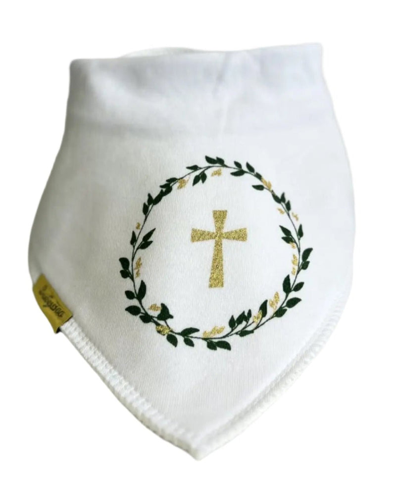 WHITE Christening Cross Organic Cotton DribbleBoo Bandana Bib