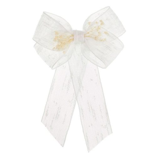 WHITE Jute Ribbon Bow with Gypsophila on Hair Pin