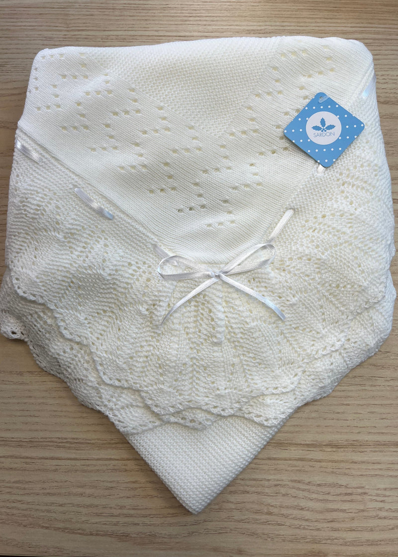 White Knitted Christening Baby Blanket Shawl