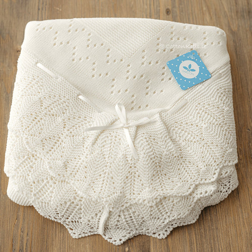 White Knitted Christening Baby Blanket Shawl