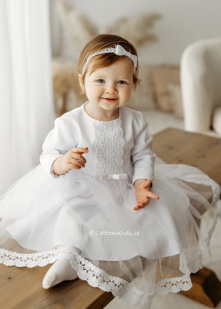 Elegant Long Sleeves White Tulle Dress Flower Girl Dress Pearls Neckline Baby Girls Dresses Communion Dress Baptism outlet Dress Blessing Dress