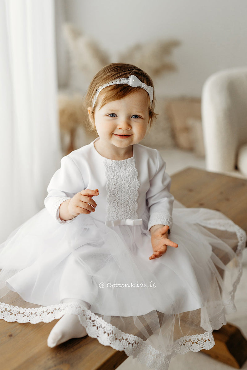 WHITE Lace Tulle Dress For Christening Long Sleeve (ANNA)