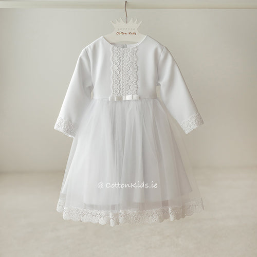 WHITE Lace Tulle Dress For Christening Long Sleeve (ANNA)