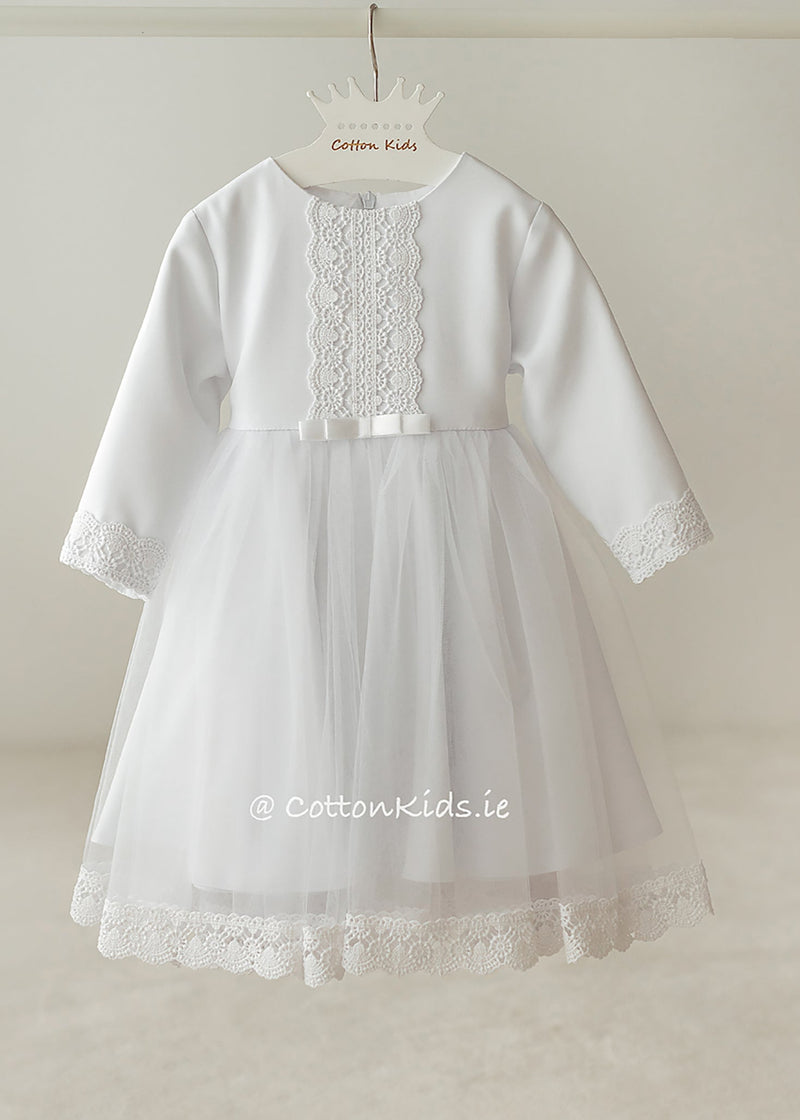 White Lace Tulle Christening Dress with Long Sleeves CottonKids.ie White Lace Tulle Christening Dress with Long Sleeves CottonKids.ie
