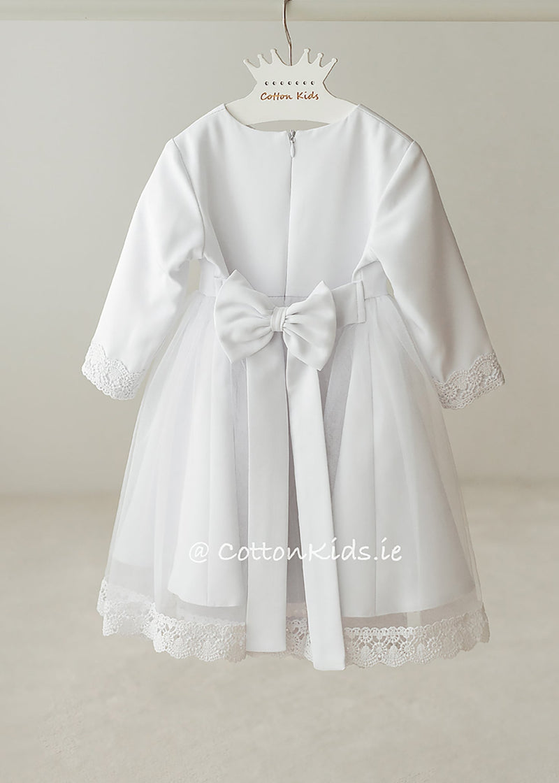 long sleeve christening dress White Lace Tulle Christening Dress with Long Sleeves – CottonKids.ie