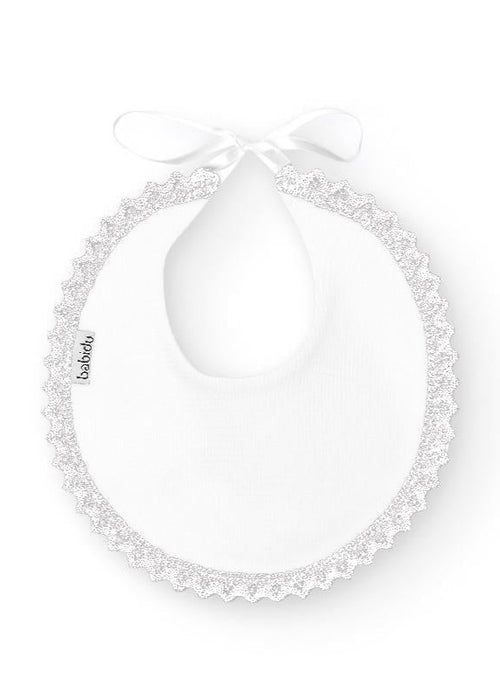 WHITE Round Baby Bib with Lace Trim