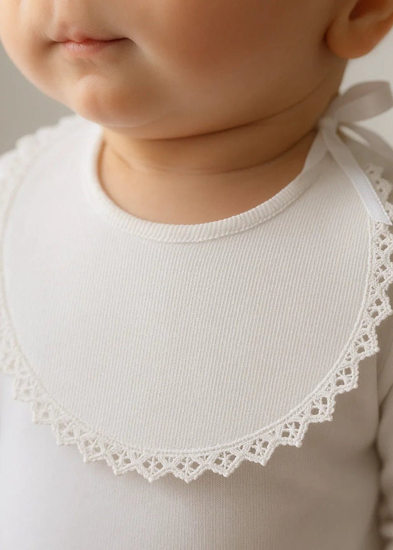 WHITE Round Baby Bib with Lace Trim