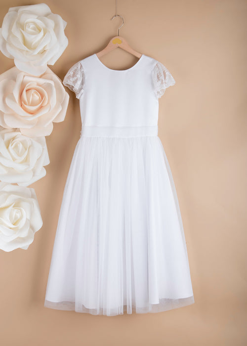 WHITE Satin & Tulle Communion Dress with Lace Sleeves ( K11 )