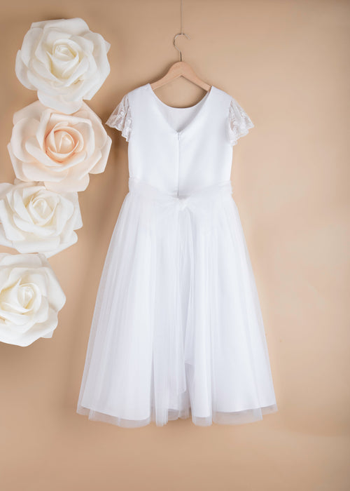 WHITE Satin & Tulle Communion Dress with Lace Sleeves ( K11 )