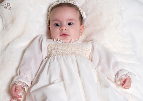 Baby Girl Ivory Smocked Bodice Ceremony Christening Gown (AMELIA) - CottonKids.ie - Dress - 0-1 month - 1-2 month - 12 month