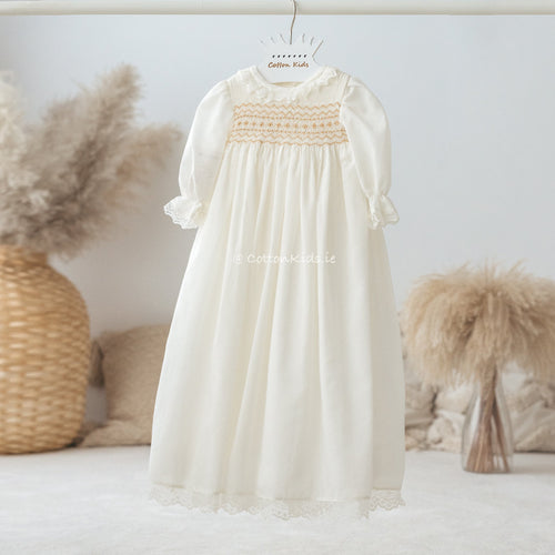 Baby Girl Ivory Smocked Bodice Ceremony Christening Gown (AMELIA) - CottonKids.ie - Dress - 0-1 month - 1-2 month - 12 month