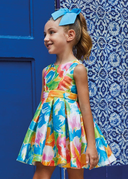 Girls Blue & Orange Floral Satin Dress (Abel & Lula) - CottonKids.ie - Dresses - 11-12 year - 13-14 year - 4 year
